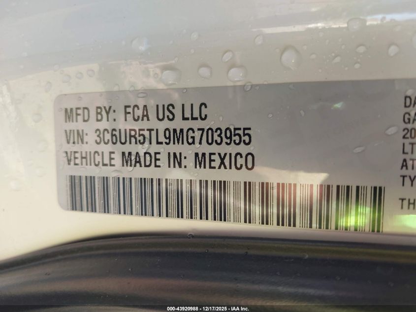 2021 Ram 2500 Limited 4X4 6'4 Box VIN: 3C6UR5TL9MG703955 Lot: 43920988