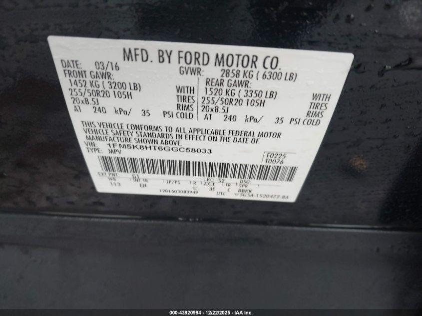 2016 Ford Explorer Platinum VIN: 1FM5K8HT6GGC58033 Lot: 43920994