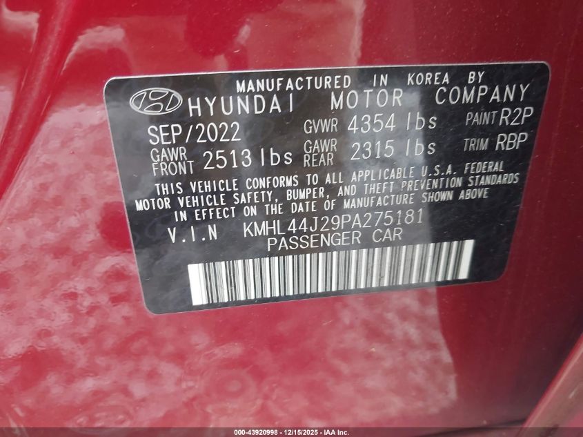 2023 Hyundai Sonata Sel Plus VIN: KMHL44J29PA275181 Lot: 43920998