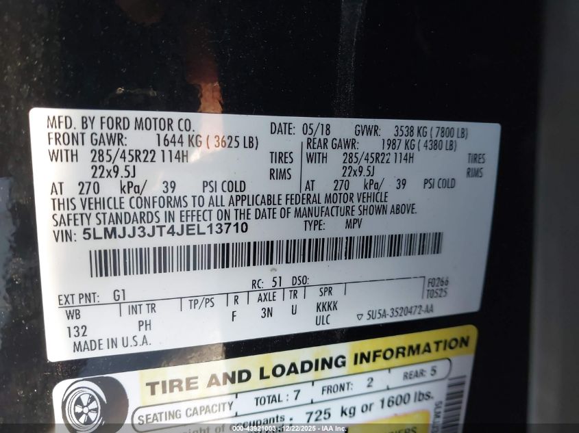 2018 Lincoln Navigator L Select VIN: 5LMJJ3JT4JEL13710 Lot: 43921003