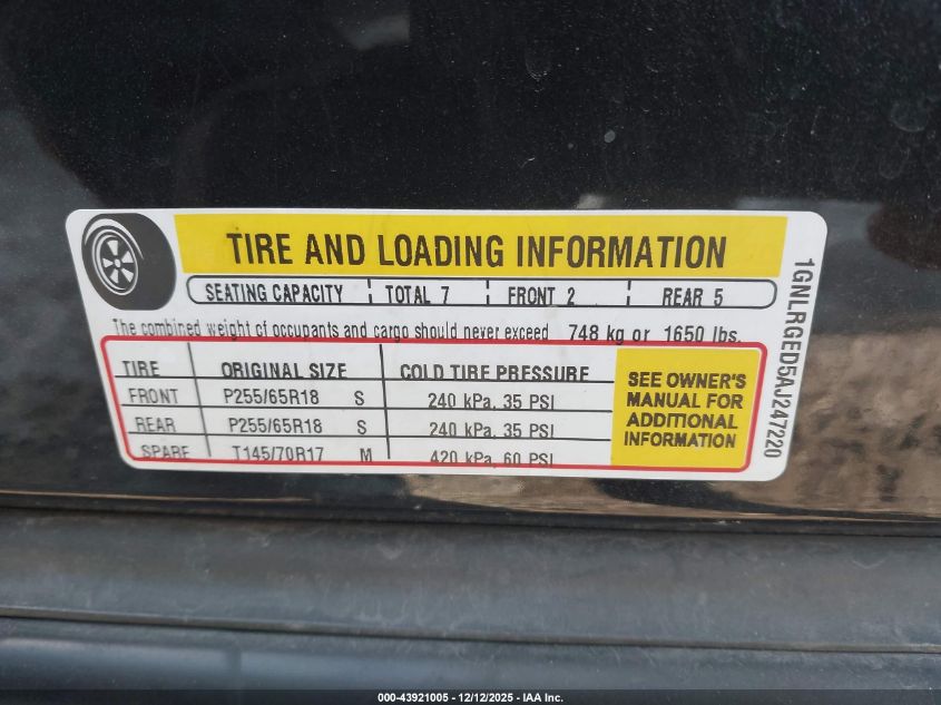 2010 Chevrolet Traverse Lt VIN: 1GNLRGED5AJ247220 Lot: 43921005