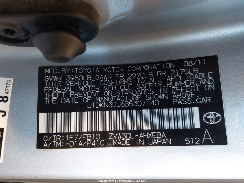 2011 Toyota Prius Three VIN: JTDKN3DU6B5307140 Lot: 43921014