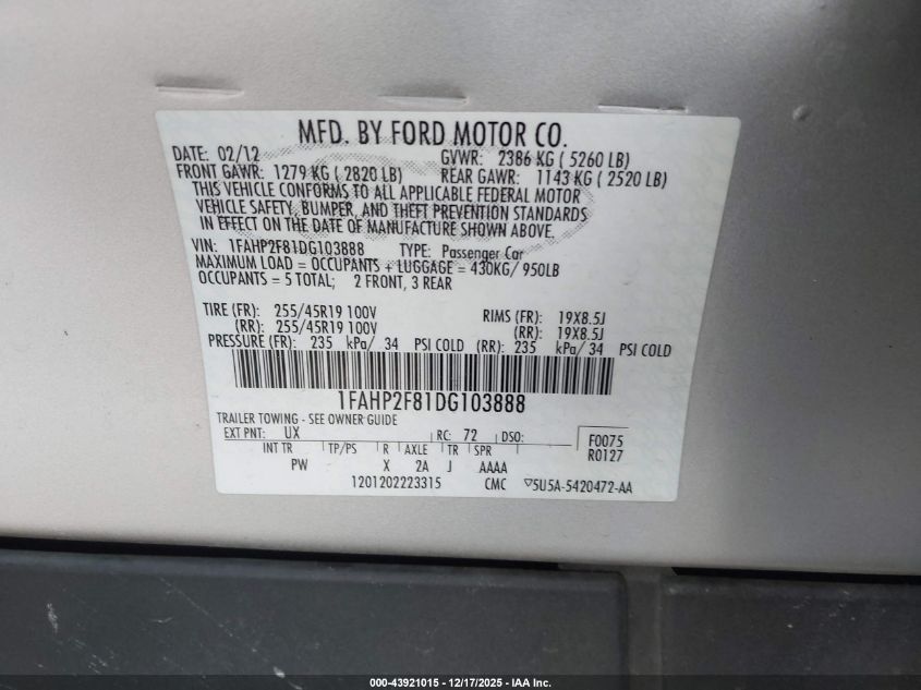 2013 Ford Taurus Limited VIN: 1FAHP2F81DG103888 Lot: 43921015