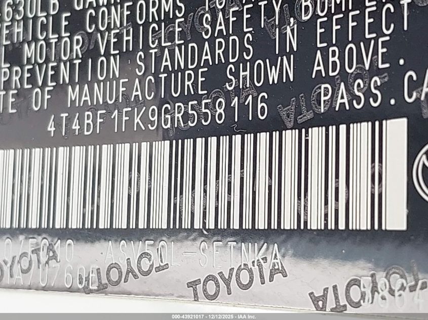 2016 Toyota Camry Le VIN: 4T4BF1FK9GR558116 Lot: 43921017