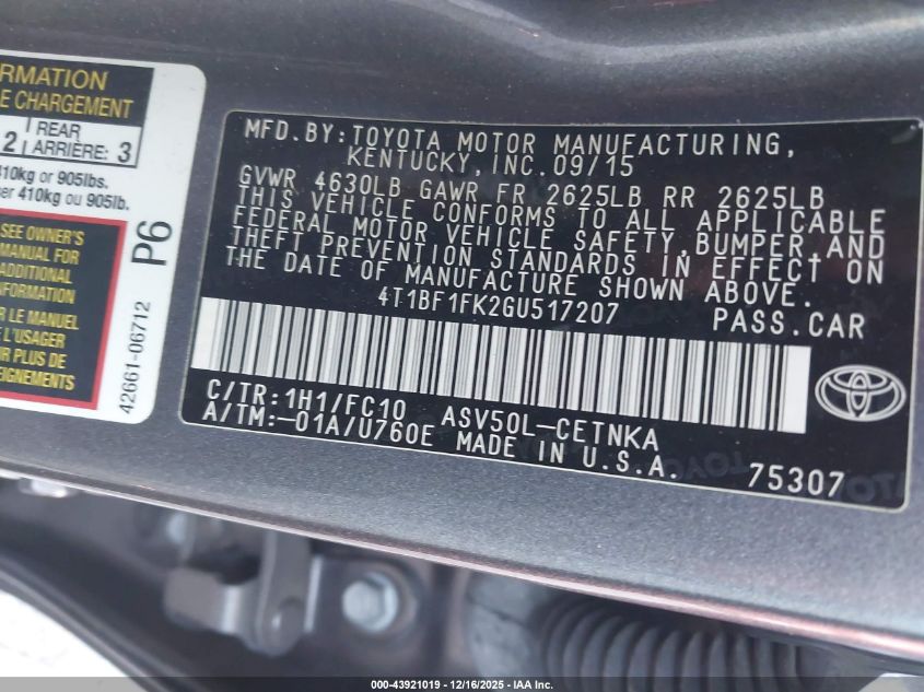 2016 Toyota Camry Le VIN: 4T1BF1FK2GU517207 Lot: 43921019