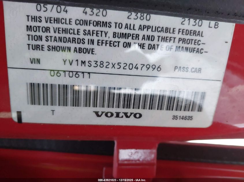 2005 Volvo S40 2.4I VIN: YV1MS382X52047996 Lot: 43921023