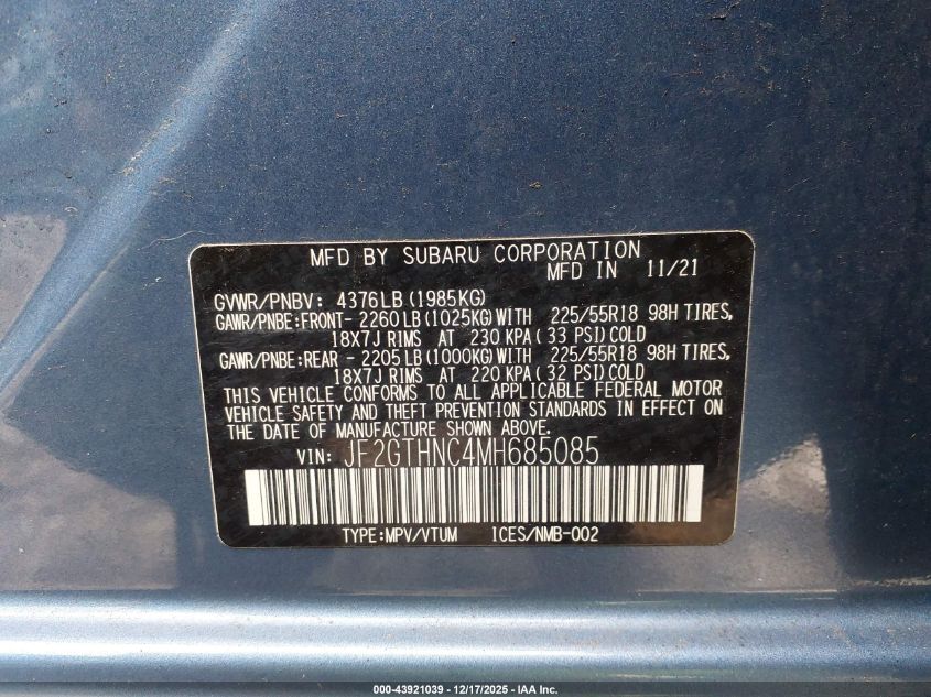 2021 Subaru Crosstrek Limited VIN: JF2GTHNC4MH685085 Lot: 43921039