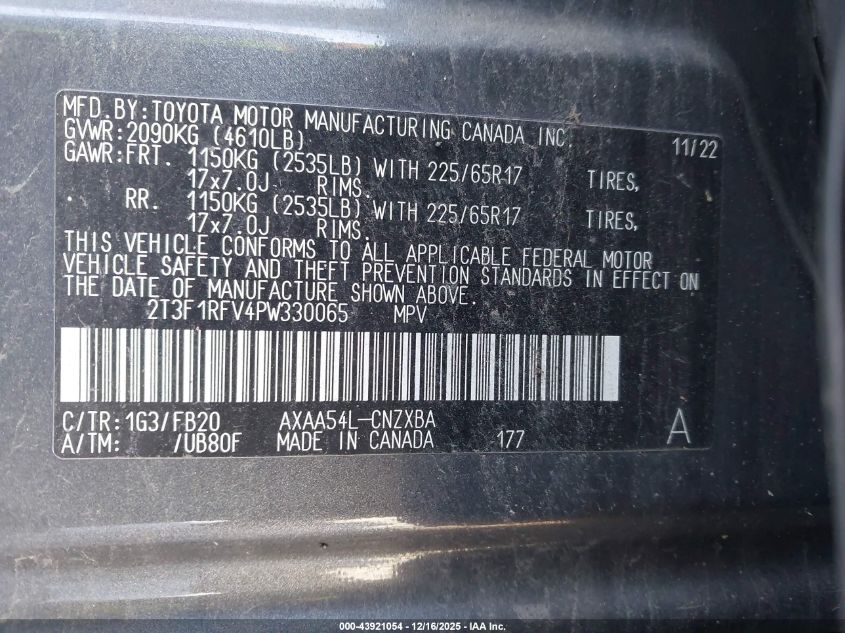 2023 Toyota Rav4 Le VIN: 2T3F1RFV4PW330065 Lot: 43921054