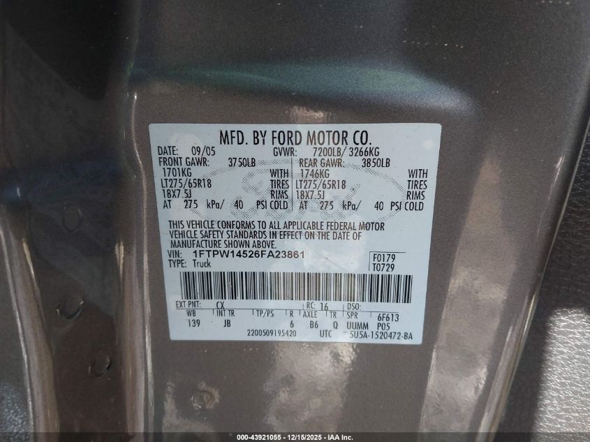 2006 Ford F-150 Fx4/Lariat/Xlt VIN: 1FTPW14526FA23861 Lot: 43921055