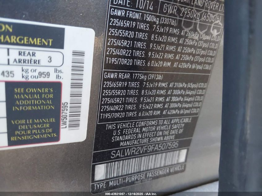 2015 Land Rover Range Rover Sport 3.0L V6 Supercharged Hse VIN: SALWR2VF9FA507595 Lot: 43921057