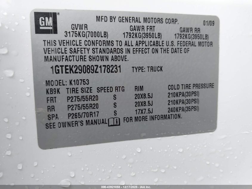 2009 GMC Sierra 1500 Sle VIN: 1GTEK29089Z178231 Lot: 43921058