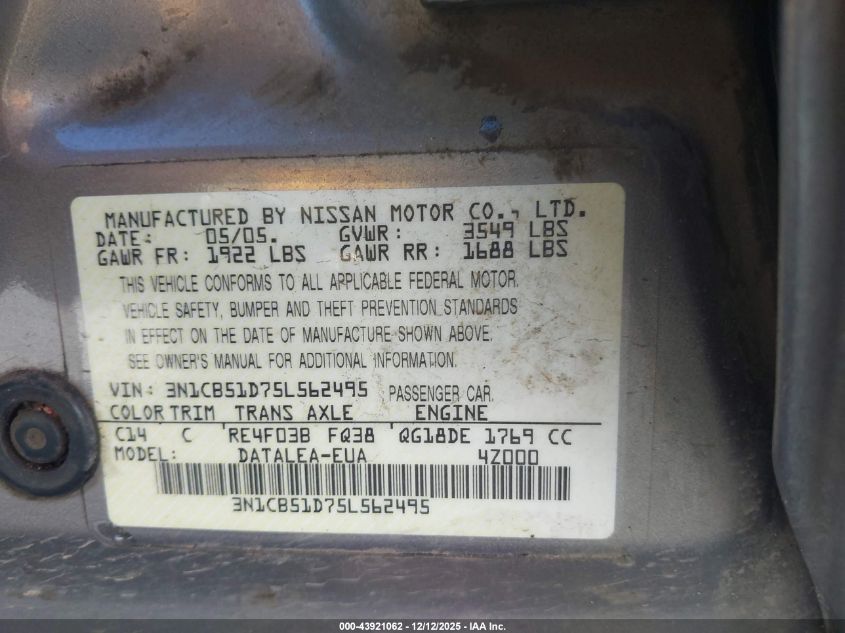 2005 Nissan Sentra 1.8S VIN: 3N1CB51D75L562495 Lot: 43921062