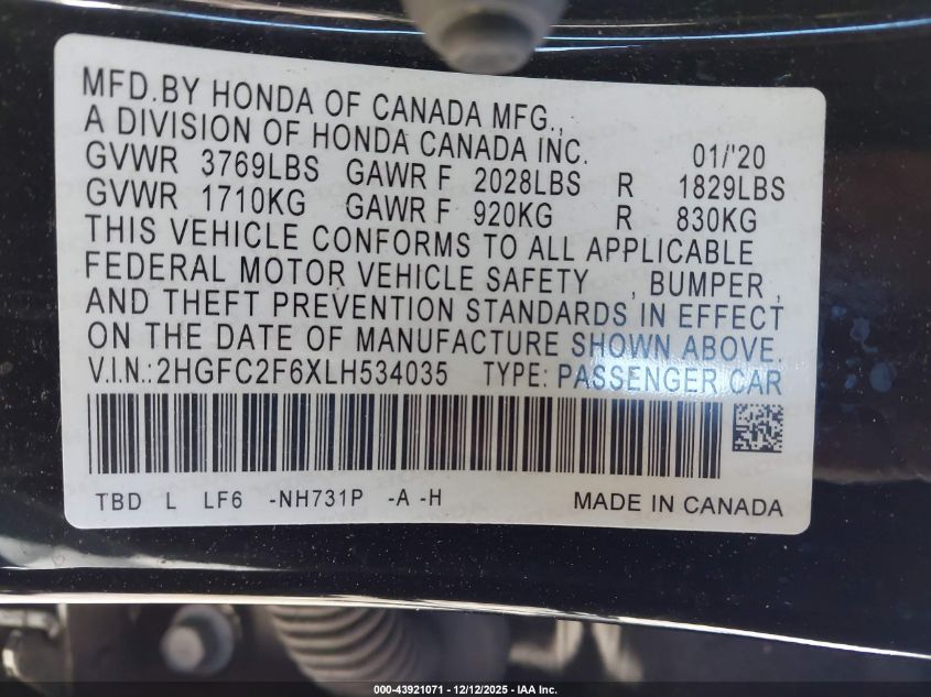 2020 Honda Civic Lx VIN: 2HGFC2F6XLH534035 Lot: 43921071