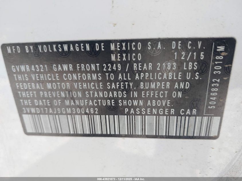 2016 Volkswagen Jetta 1.8T Sport VIN: 3VWD17AJ9GM300462 Lot: 43921073