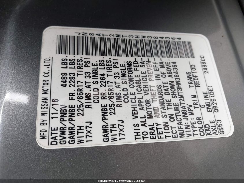 2017 Nissan Rogue S VIN: JN8AT2MT3HW384364 Lot: 43921074