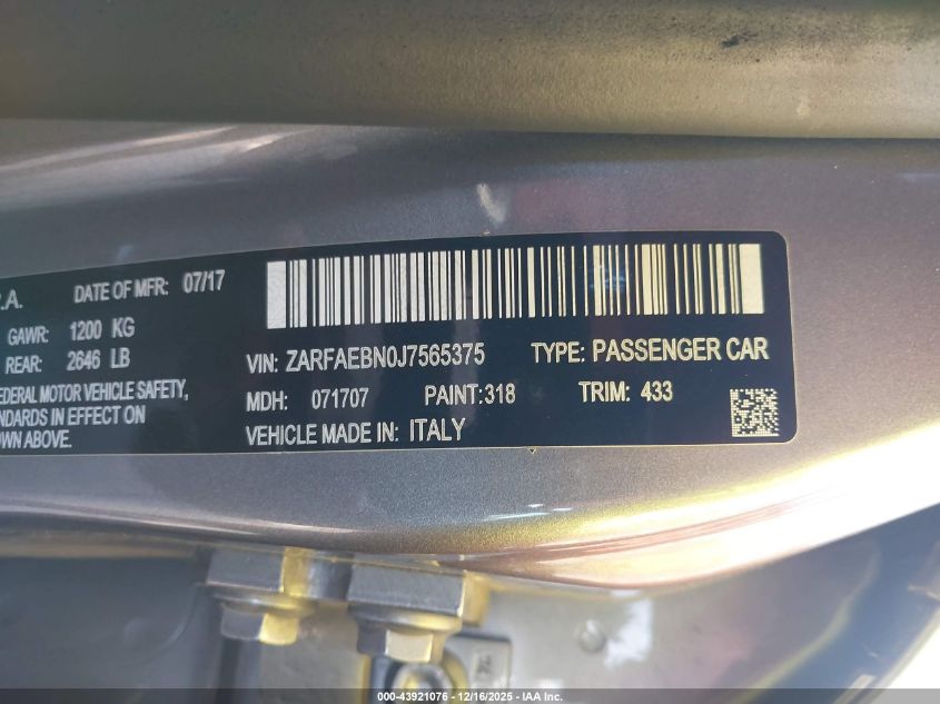 2018 Alfa Romeo Giulia Rwd VIN: ZARFAEBN0J7565375 Lot: 43921076