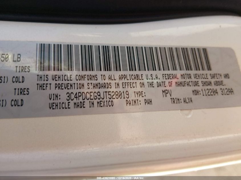2018 Dodge Journey Gt VIN: 3C4PDCEG9JT528019 Lot: 43921085