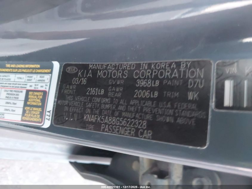 2016 Kia Forte Lx VIN: KNAFK5A88G5622328 Lot: 43921101