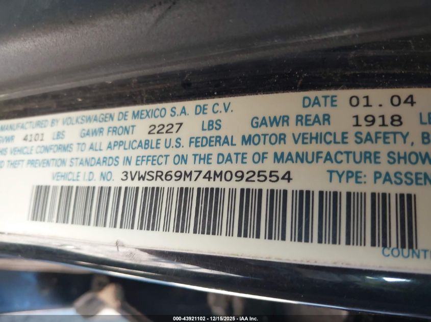 2004 Volkswagen Jetta Gls Tdi VIN: 3VWSR69M74M092554 Lot: 43921102