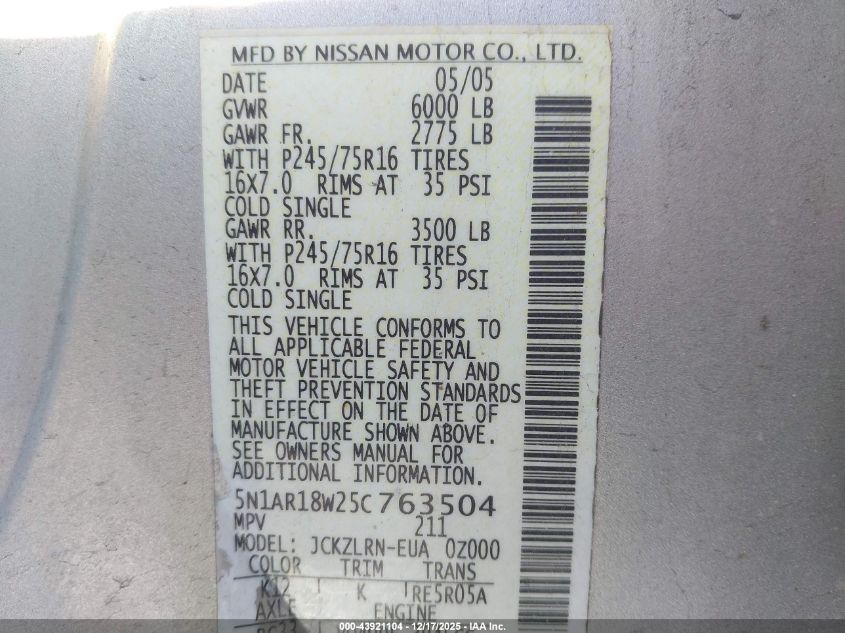 2005 Nissan Pathfinder Xe VIN: 5N1AR18W25C763504 Lot: 43921104