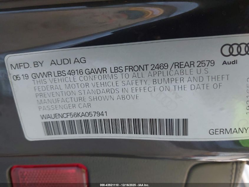 2019 Audi A5 45 Premium VIN: WAUENCF56KA057941 Lot: 43921110