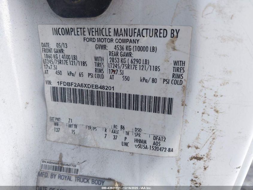 2013 Ford F-250 Xl VIN: 1FDBF2A6XDEB48201 Lot: 43921111