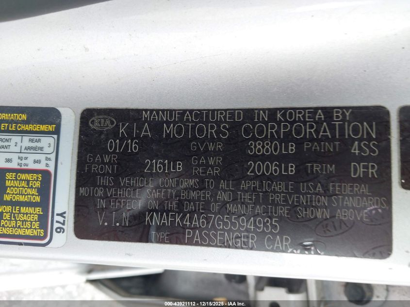 2016 Kia Forte Lx VIN: KNAFK4A67G5594935 Lot: 43921112