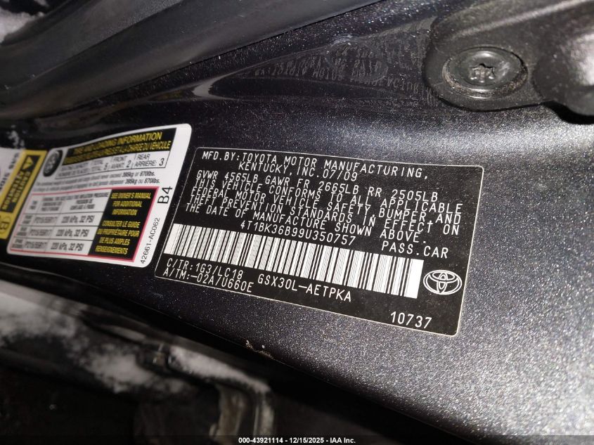 2009 Toyota Avalon Limited VIN: 4T1BK36B99U350757 Lot: 43921114