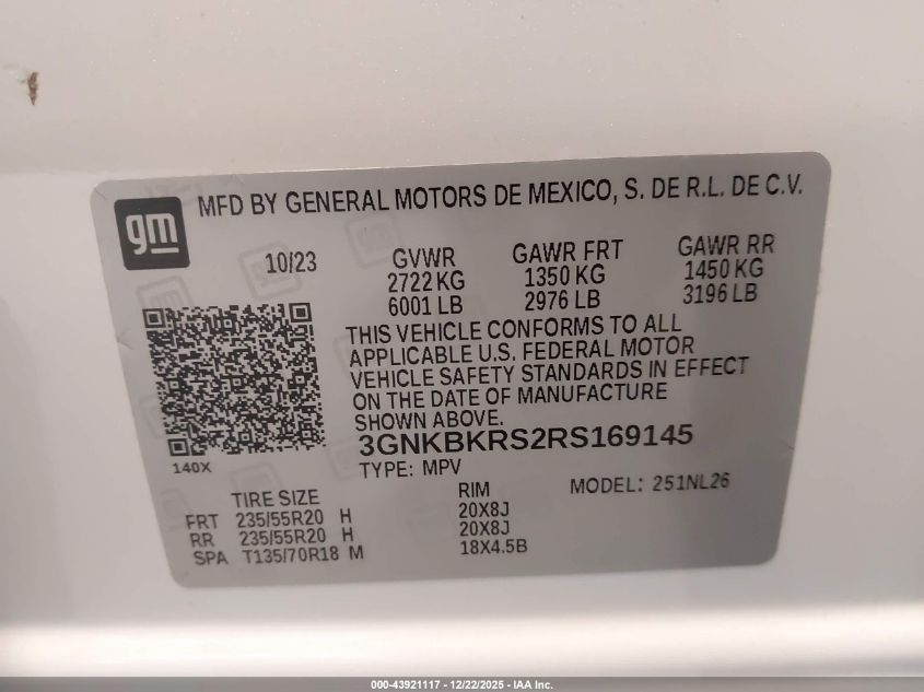 2024 Chevrolet Blazer Awd Rs VIN: 3GNKBKRS2RS169145 Lot: 43921117