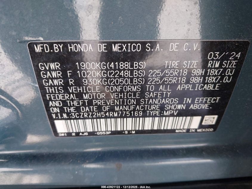 2024 Honda Hr-V Awd Sport/Awd Sport W/O Bsi VIN: 3CZRZ2H54RM775169 Lot: 43921122