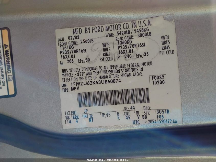 2003 Ford Explorer Xls VIN: 1FMZU62K63UB60874 Lot: 43921124