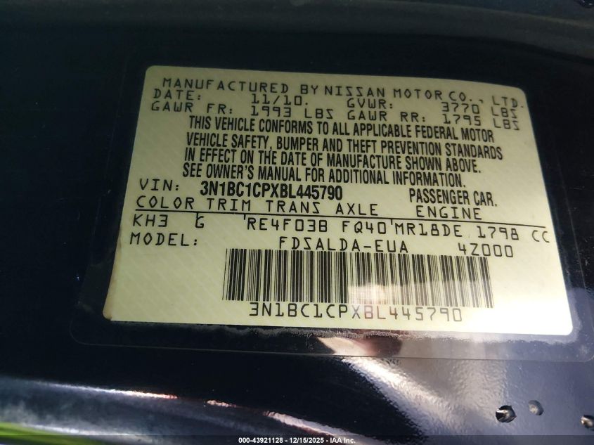 2011 Nissan Versa 1.8S VIN: 3N1BC1CPXBL445790 Lot: 43921128