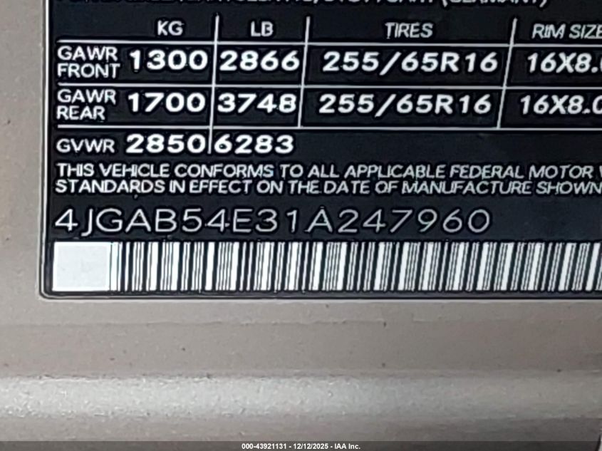 2001 Mercedes-Benz Ml 320 VIN: 4JGAB54E31A247960 Lot: 43921131