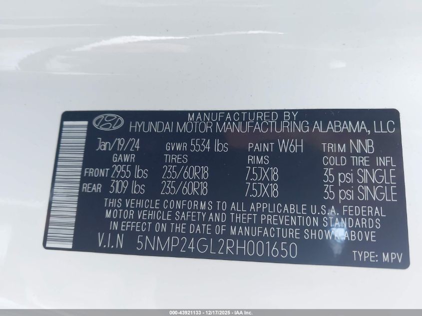 2024 Hyundai Santa Fe Sel VIN: 5NMP24GL2RH001650 Lot: 43921133