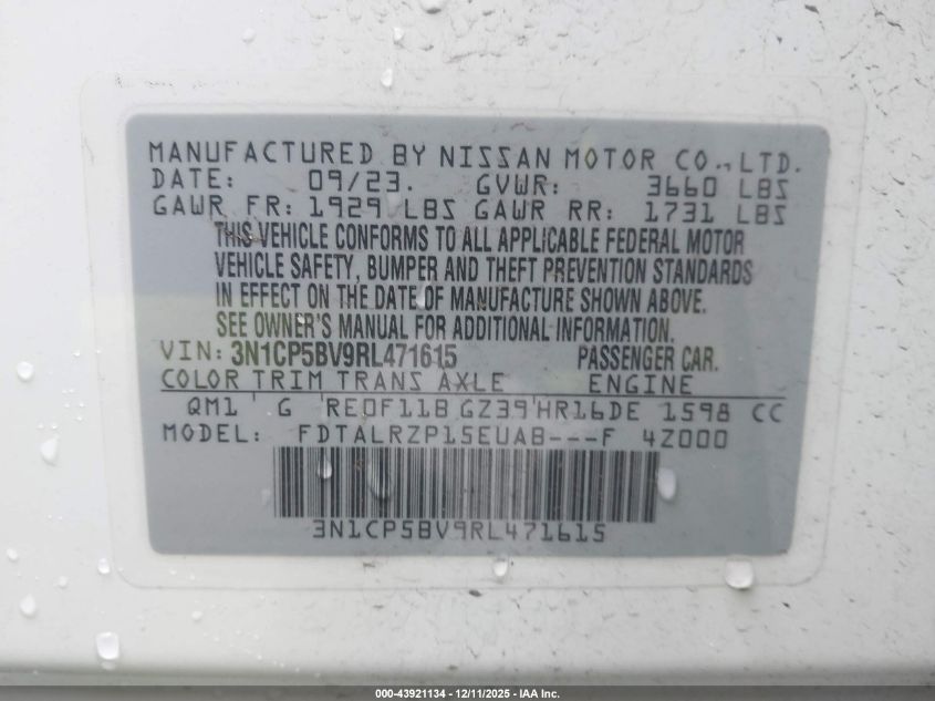 2024 Nissan Kicks S Xtronic Cvt VIN: 3N1CP5BV9RL471615 Lot: 43921134