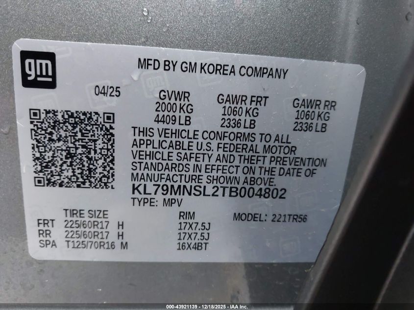 2026 Chevrolet Trailblazer Awd Ls VIN: KL79MNSL2TB004802 Lot: 43921139