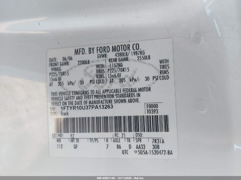 2007 Ford Ranger Sport/Stx/Xl/Xlt VIN: 1FTYR10U37PA13263 Lot: 43921145