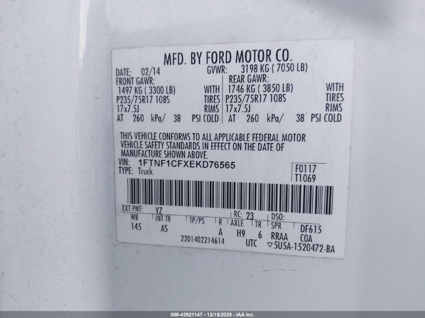 2014 Ford F-150 Xl VIN: 1FTNF1CFXEKD76565 Lot: 43921147