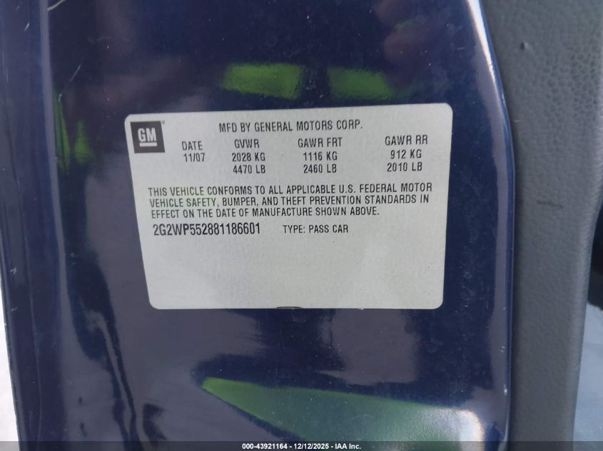 2008 Pontiac Grand Prix VIN: 2G2WP552881186601 Lot: 43921164