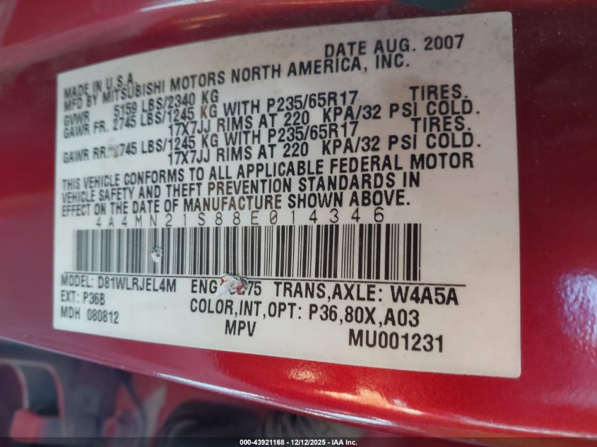 2008 Mitsubishi Endeavor Ls VIN: 4A4MN21S88E014346 Lot: 43921168