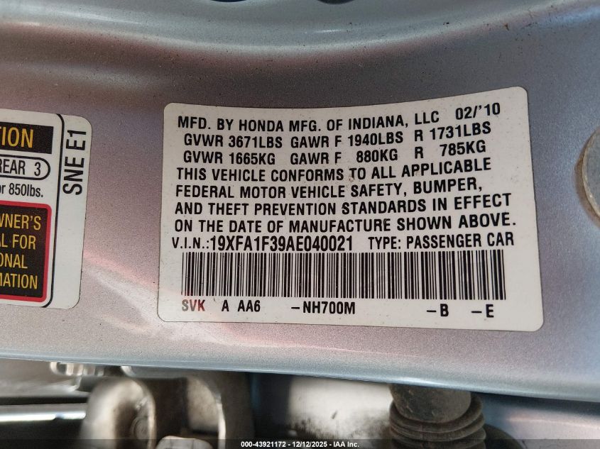 2010 Honda Civic Vp VIN: 19XFA1F39AE040021 Lot: 43921172