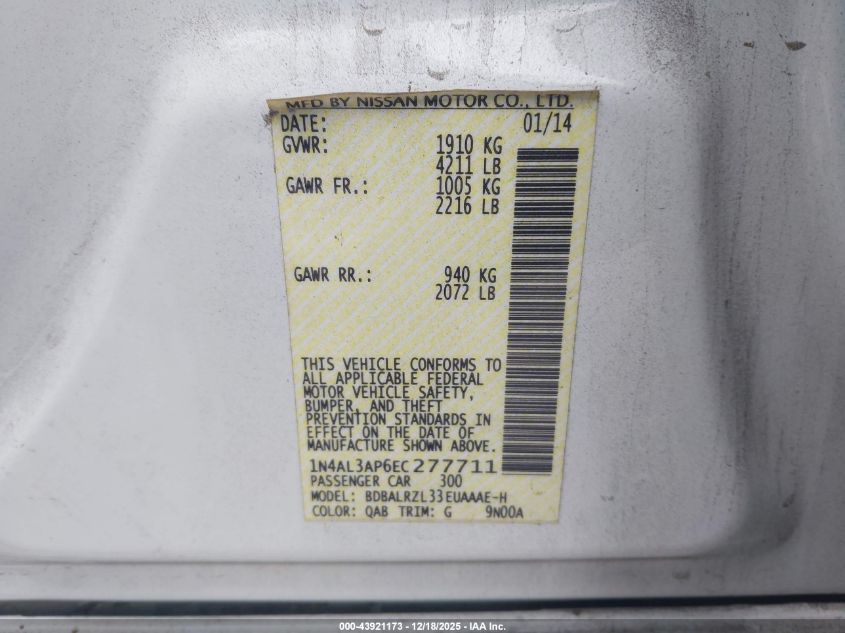 2014 Nissan Altima 2.5 S VIN: 1N4AL3AP6EC277711 Lot: 43921173