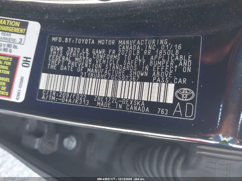 2016 Toyota Corolla S W/Special Edition Pkg VIN: 2T1BURHE7GC592367 Lot: 43921177