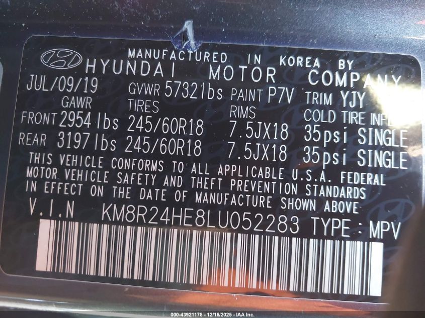 2020 Hyundai Palisade Sel VIN: KM8R24HE8LU052283 Lot: 43921178