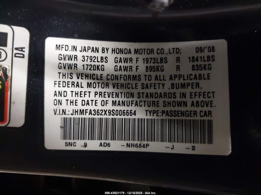 2009 Honda Civic Hybrid VIN: JHMFA362X9S006664 Lot: 43921179