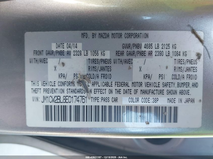 2014 Mazda Mazda5 Sport VIN: JM1CW2BL8E0174761 Lot: 43921187