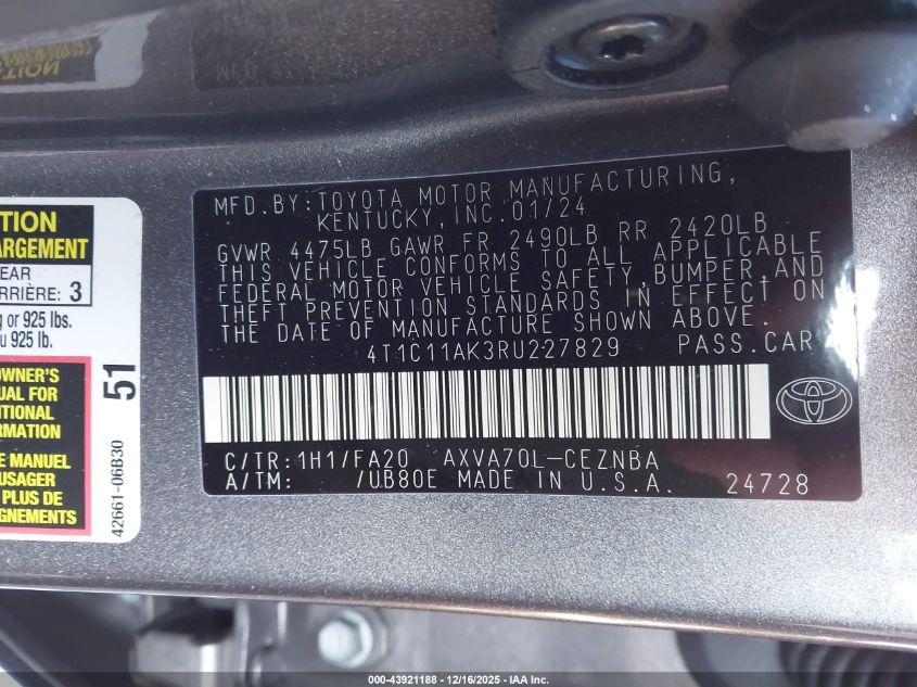 2024 Toyota Camry Le VIN: 4T1C11AK3RU227829 Lot: 43921188