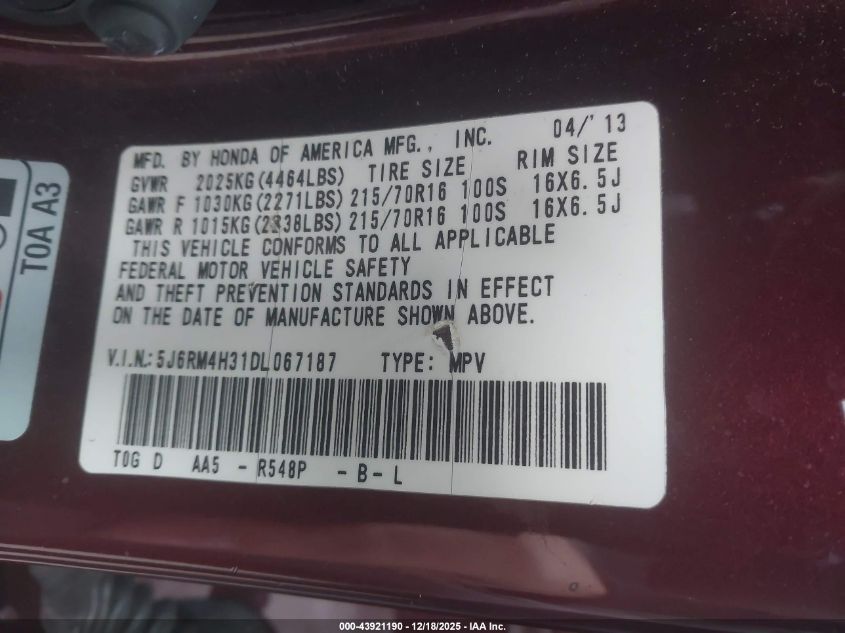 2013 Honda Cr-V Lx VIN: 5J6RM4H31DL067187 Lot: 43921190