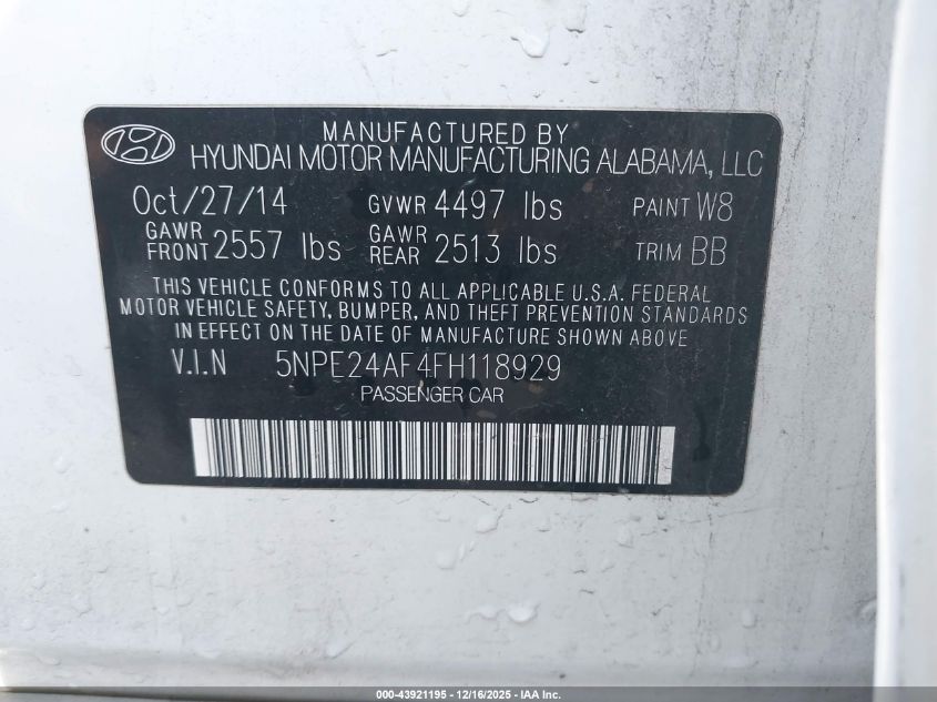 2015 Hyundai Sonata Se VIN: 5NPE24AF4FH118929 Lot: 43921195