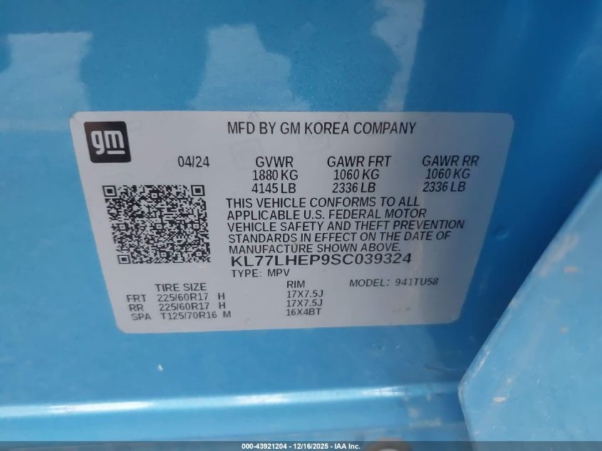 2025 Chevrolet Trax Fwd Lt VIN: KL77LHEP9SC039324 Lot: 43921204